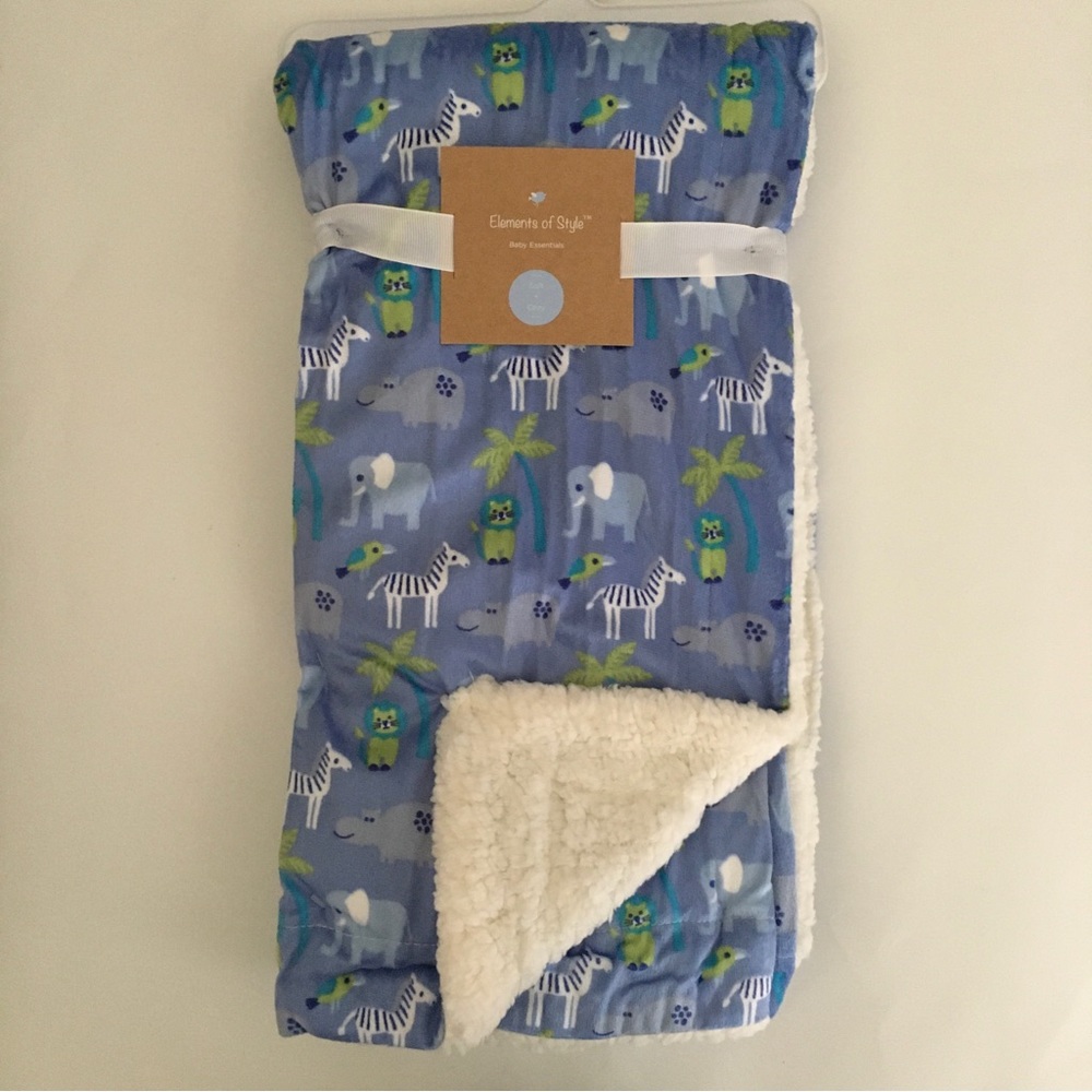 NEW Baby Blanket Blue Sherpa Reverse Animal Theme Baby Gift | Elements of Style